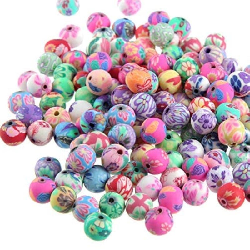 DNHCLL 100PCS 8MM Round Polymer Clay Beads Assorted Assorted Handmade Colorful Pattern Beads Handmade Loose Beads for Jewelry Making - Image 1